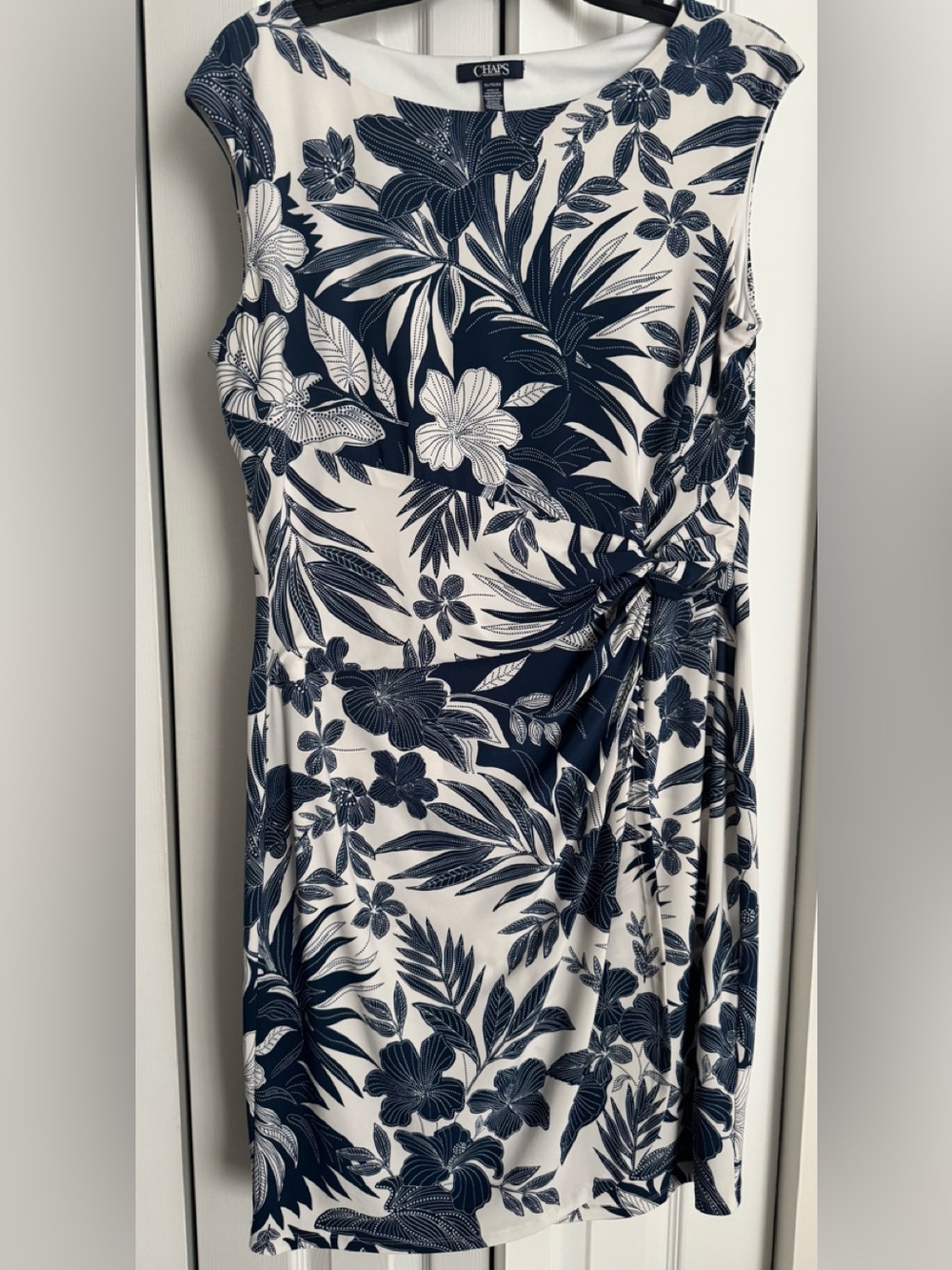 Chaps Navy and White Botanical Print Dress
